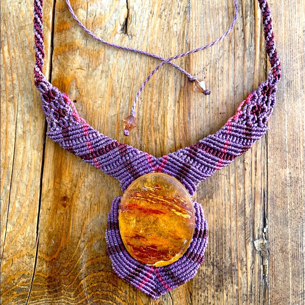 NWOT Bohemian Crochet Choker with Amber Centerpiece. One Of A Kind!